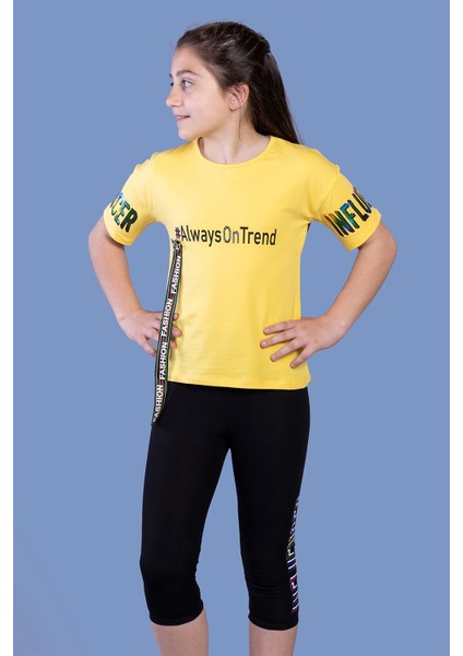 Toontoy Kız Çocuk Şerit Detaylı Renkli Baskılı Taytlı Takım