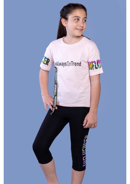 Toontoy Kız Çocuk Şerit Detaylı Renkli Baskılı Taytlı Takım