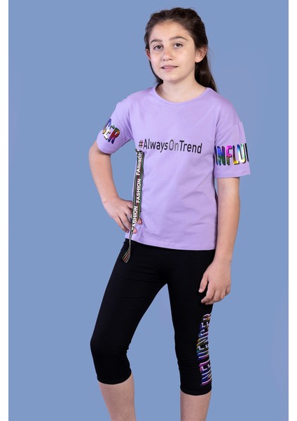 Toontoy Kız Çocuk Şerit Detaylı Renkli Baskılı Taytlı Takım