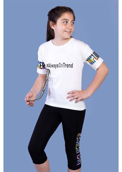 Toontoy Kız Çocuk Şerit Detaylı Renkli Baskılı Taytlı Takım