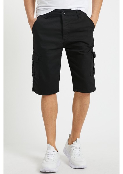 Erkek Siyah Kargo Kapri Slim Fit Cepli Şort