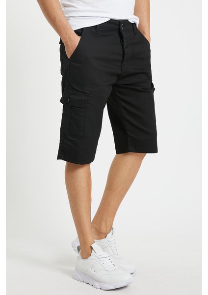 Erkek Siyah Kargo Kapri Slim Fit Cepli Şort