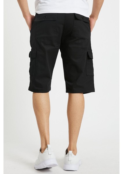 Erkek Siyah Kargo Kapri Slim Fit Cepli Şort