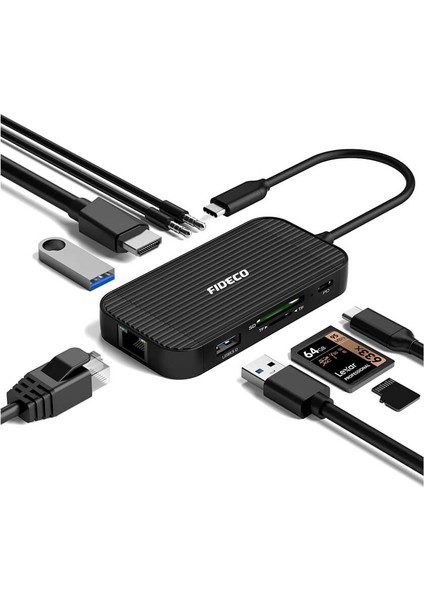 Fıdeco USB Type C To 4K HDMI USB 3.0 Hub Çoklayıcı Kulaklık Mikrofon Kart Okuyucu Gigabit Ethernet