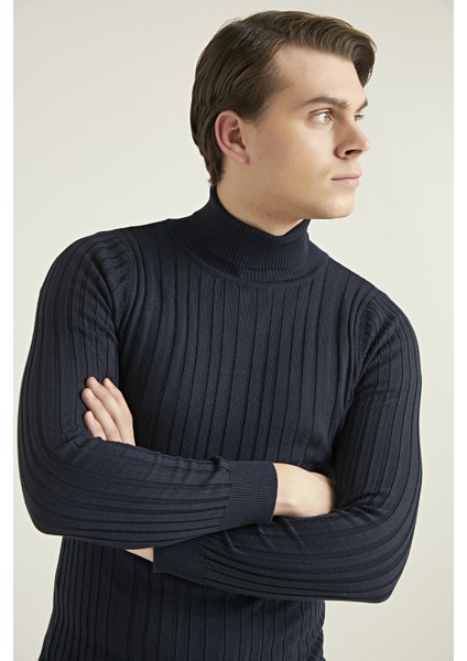 Slim Fit Lacivert Fitilli Pamuk Karışımlı Boğazlı Triko Kazak 5HF06ORT63100