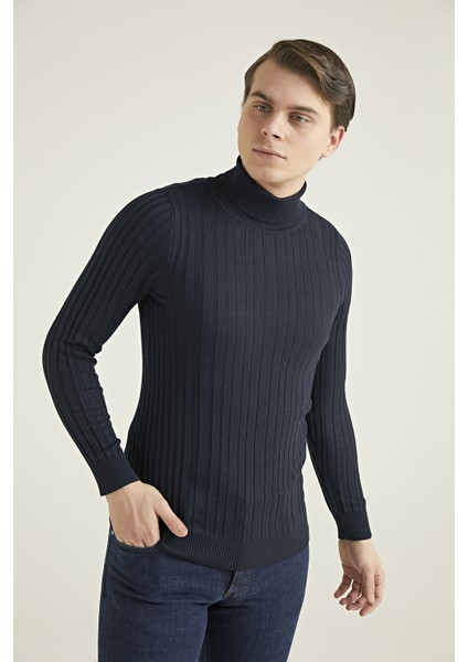 Slim Fit Lacivert Fitilli Pamuk Karışımlı Boğazlı Triko Kazak 5HF06ORT63100 fiyatları