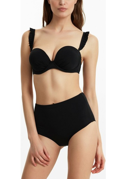 Full Dolgulu Fırfırlı Straplez Bikini Üst - Siyah