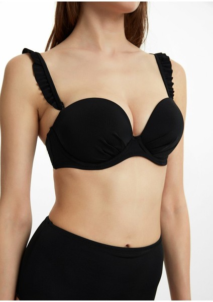 Full Dolgulu Fırfırlı Straplez Bikini Üst - Siyah