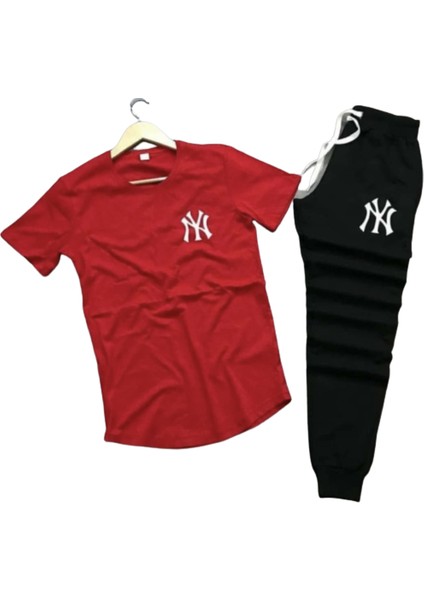 Göğüs Baskılı Dar Kesim Kısa Kollu Çift Cep Pamuk Yazlık Spor Erkek Eşofman Takımı