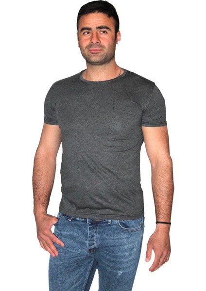 – Erkek Tek Cepli Melanj T-Shirt – Antrasit