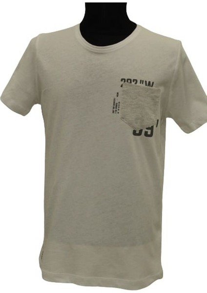 – Erkek Cep Çizgili Baskılı T-Shirt –beyaz