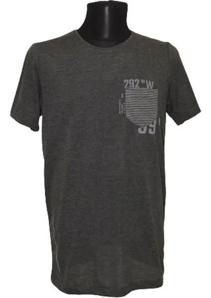 – Erkek Cep Çizgili Baskılı T-Shirt – Antrasit