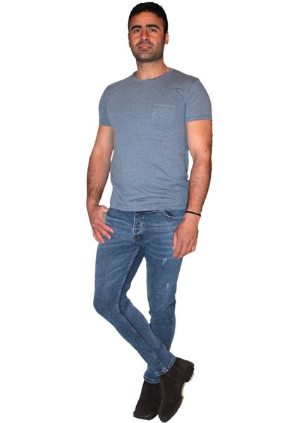 – Erkek Tek Cepli Melanj T-Shirt – Indigo