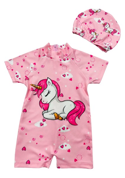 Kız Çocuk Uykucu Unicorn Hassas Ten Tam Vücut Mayo ve Bone - Surfers