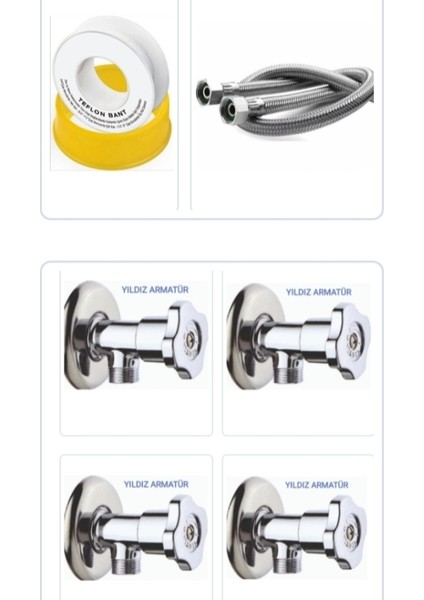 Ara Musluk Seti Yonca Taharet Musluğu(4 Ad)+Bağlantı Hortumu Fleks 3/8-3/8 50 Cm(4 Ad)+Teflon Bant