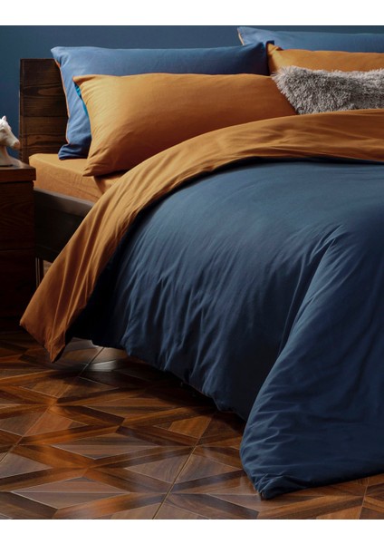 King Size, Çift Yönlü, Nevresim Set, Poplin Kumaş, Kremit-Indigo Mavi