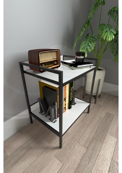 Modern Komodin Metal Ahşap Iki Raflı Komidin Metal Ayaklı Raf Kitaplık Sehpa