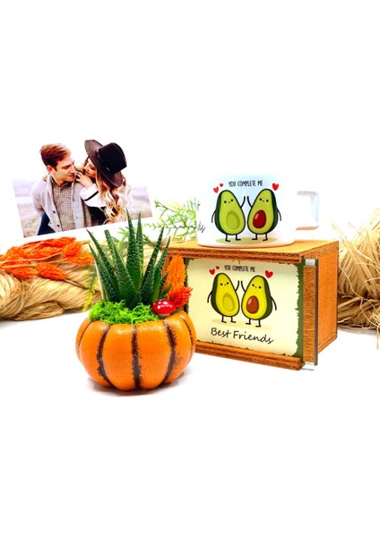 Kişiye Özel Fotoğraflı Canlı Çiçek Sukulentli Bal Kabağı ve Kupa Seti M1