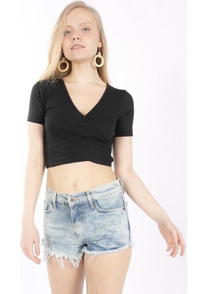 Kruvaze Siyah Crop Örme Bluz