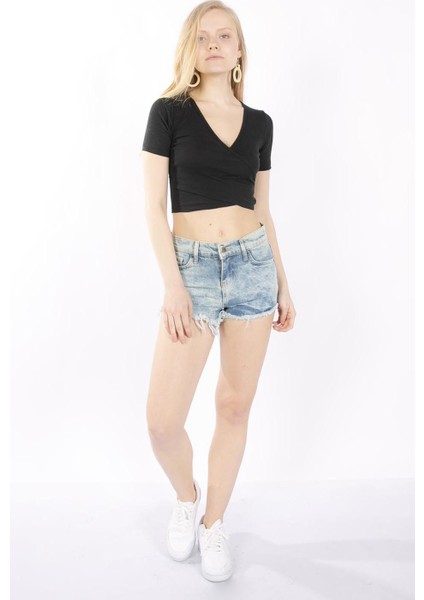 Kruvaze Siyah Crop Örme Bluz