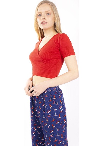 Mınt.21 Kruvaze Kırmızı Crop Örme Bluz