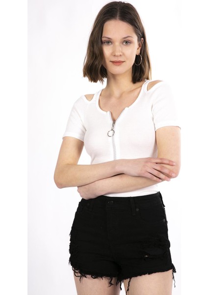 Mınt.21 Omuz Detaylı Fermuarlı Beyaz Örme Bluz