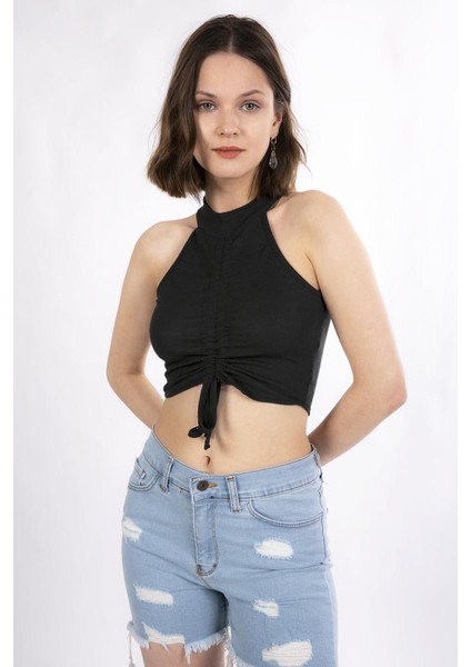 Mınt.21 Halter Yaka Önden Büzgülü Siyah Crop Örme Bluz