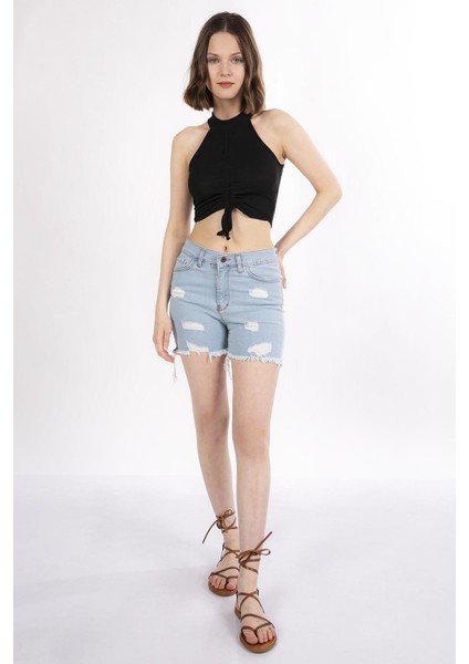 Mınt.21 Halter Yaka Önden Büzgülü Siyah Crop Örme Bluz