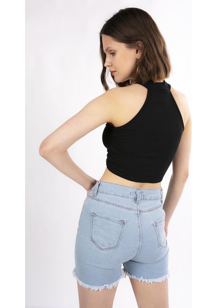 Mınt.21 Halter Yaka Önden Büzgülü Siyah Crop Örme Bluz