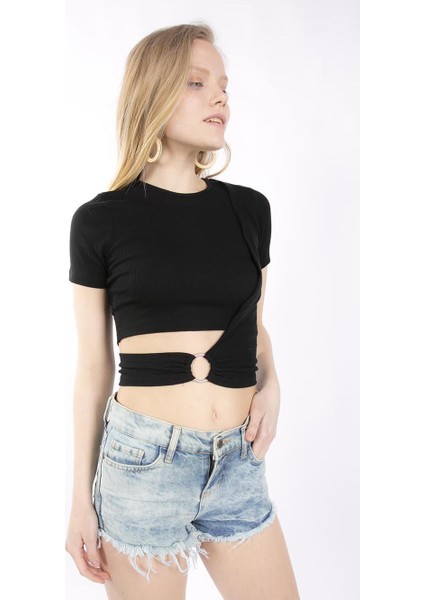 Mınt.21 Halka Detaylı Kruvaze Crop Siyah Örme Bluz