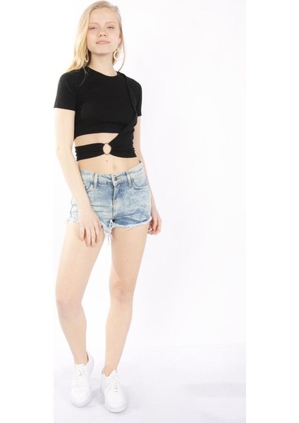 Mınt.21 Halka Detaylı Kruvaze Crop Siyah Örme Bluz