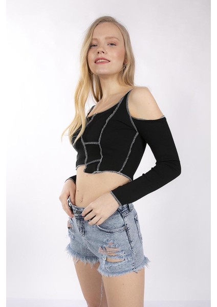 Mınt.21 Omuz Detaylı Crop Siyah Patchwork Örme Bluz