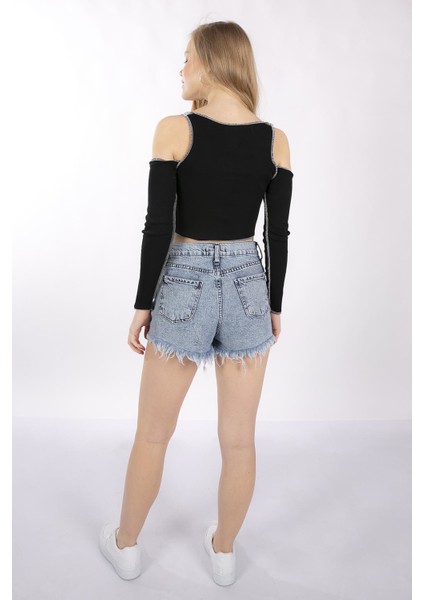 Mınt.21 Omuz Detaylı Crop Siyah Patchwork Örme Bluz