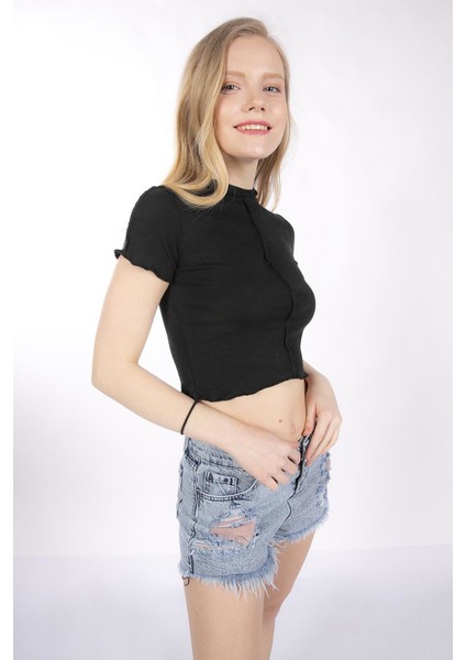 Mınt.21 Önden Dikişli Siyah Crop Örme Bluz