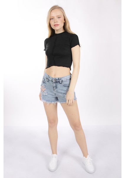 Mınt.21 Önden Dikişli Siyah Crop Örme Bluz