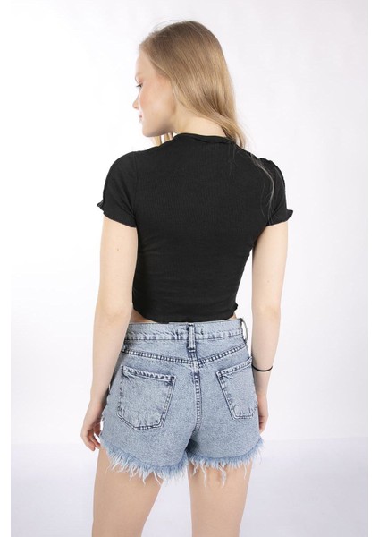 Mınt.21 Önden Dikişli Siyah Crop Örme Bluz
