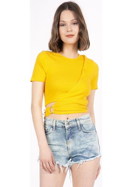 Halka Detaylı Kruvaze Crop Sarı Örme Bluz