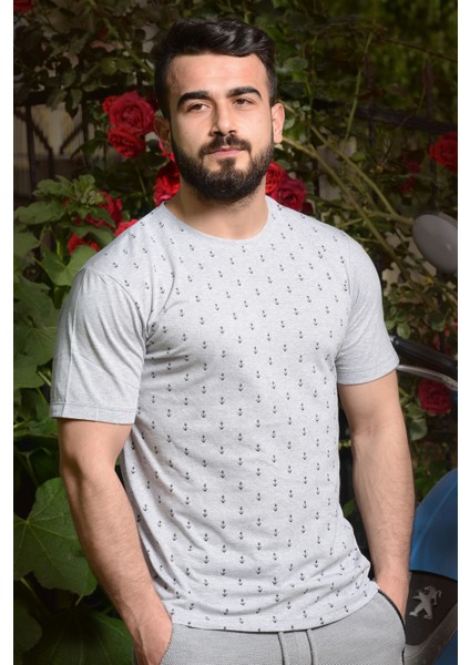Erkek Gri Slim Fit Çapa Baskılı Kısa Kollu Bisiklet Yaka Tişört 20ETSHCAPA