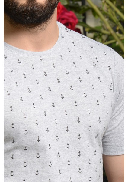 Erkek Gri Slim Fit Çapa Baskılı Kısa Kollu Bisiklet Yaka Tişört 20ETSHCAPA
