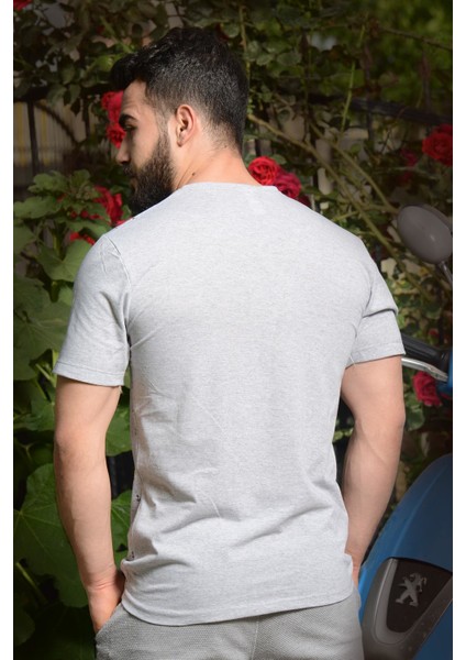 Erkek Gri Slim Fit Çapa Baskılı Kısa Kollu Bisiklet Yaka Tişört 20ETSHCAPA
