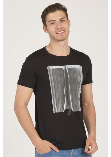 Pamuk Soyut Baskılı Bisiklet Yaka Erkek T-Shirt Siyah