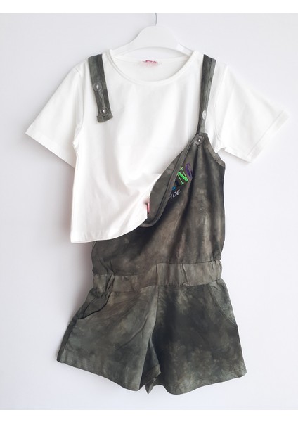 Haki Batik Kız Çocuk Yazlık Şortlu Salopet Tulum ve Tshirt