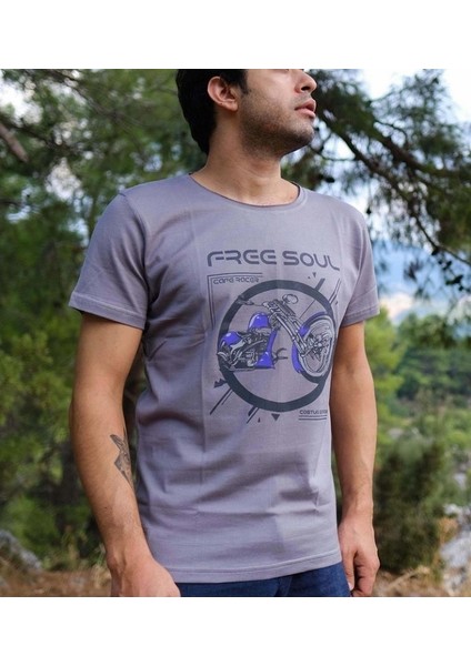Erkek Gri Kirli Yaka Özel Tasarım Baskılı T-Shirt Freesoulgri