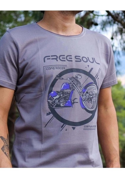 Erkek Gri Kirli Yaka Özel Tasarım Baskılı T-Shirt Freesoulgri fırsatları