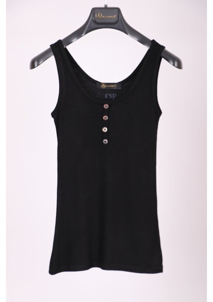 Siyah Kalın Askılı Düğme Detaylı Pamuk Slim Fit Atlet T-Shirt