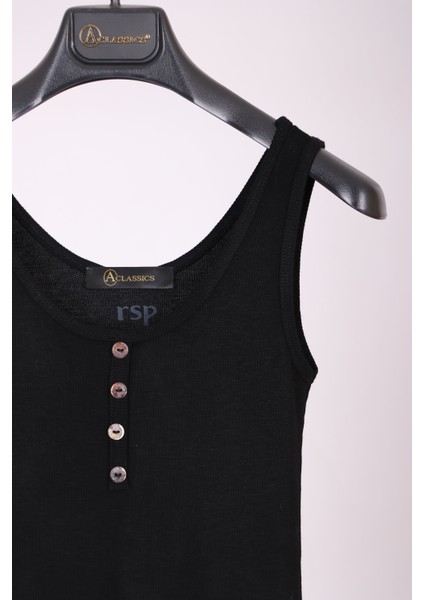 Siyah Kalın Askılı Düğme Detaylı Pamuk Slim Fit Atlet T-Shirt fiyatları