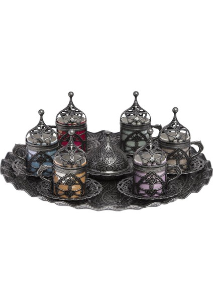 Osmanlı Hürrem Sultan Türk Kahvesi Seti 6 Kişilik Renkli Fincan - Kalaylı Beyaz