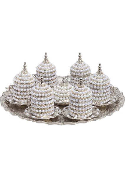 6 Kişilik Incili Türk Kahvesi Sunum Seti - Beyaz