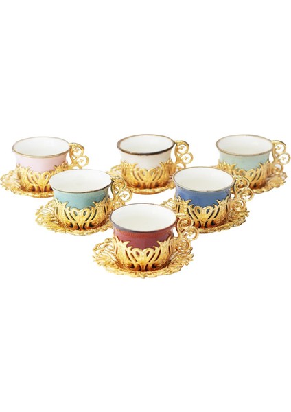 Osmanlı Tarzı 6 Kişilik Kahve Sunum Seti Renkli Sarı