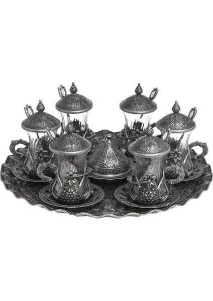 Osmanlı Motifli Kaşıklı Çay Sunum Seti - Kalaylı